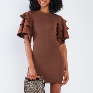 Light Coffee Brown Frill Short Sleeve Mini Dress